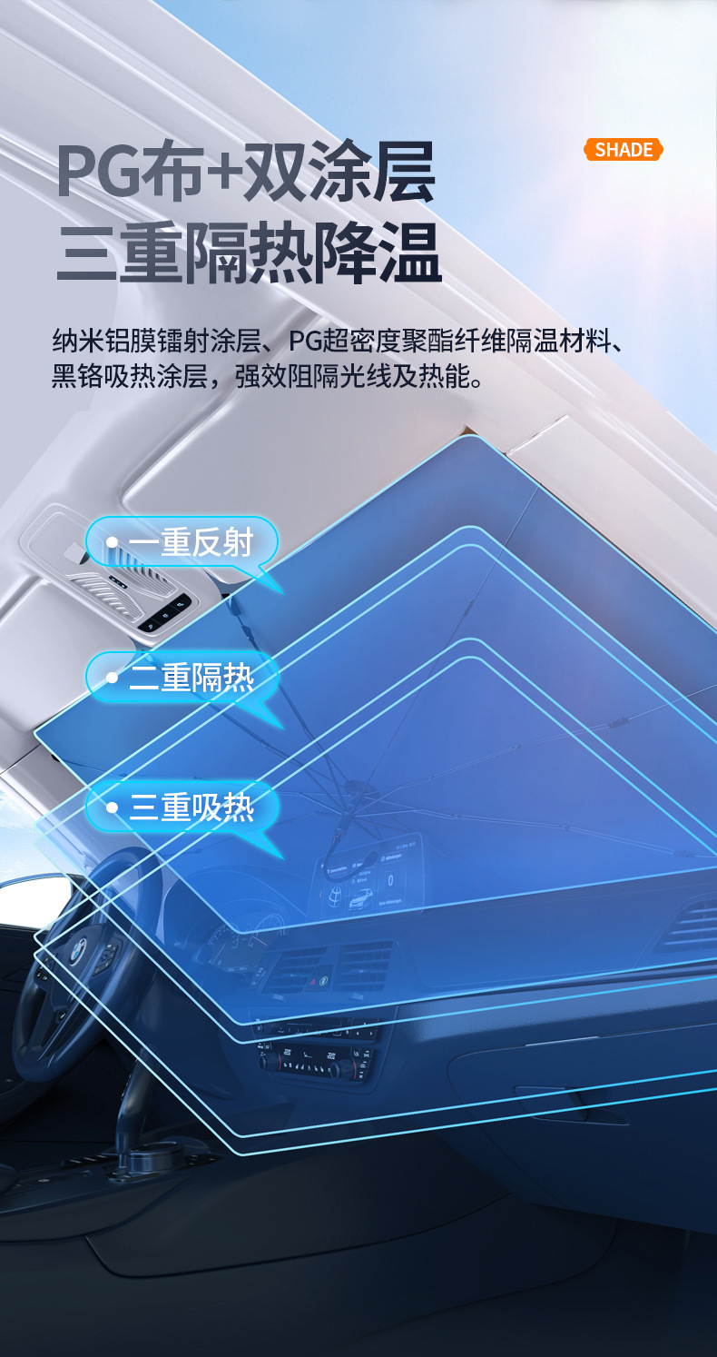 Cross-Border Hot-Selling Car Heat-Insulating Sunshade Umbrella, Laser Umbrella-Style Sunshade, Car Window Sunshade Curtain, Retractable Front Windshield Sunshade