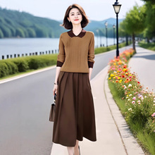 中年妈妈穿搭一整套春秋季洋气薄款撞色翻领针织衫+半身裙两件套
