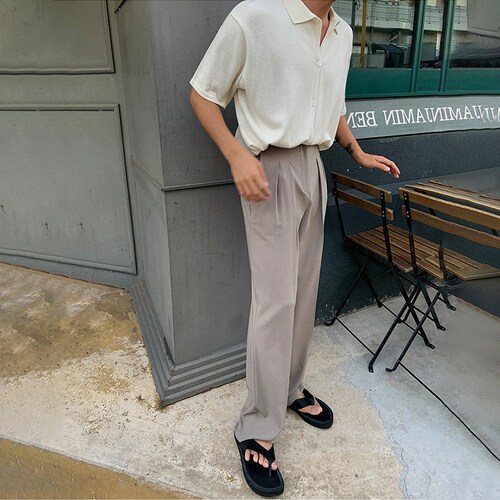 Light Mature Style, Drapey Straight-Legged Floor-Length Trousers for Men – Spring/Autumn, Korean-Style Trendy, Loose-Fit, Versatile, Wide-Legged Casual Pants