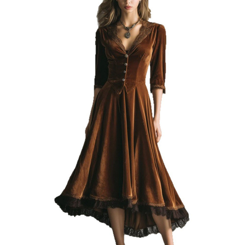 Women's Street Hipsters, Western Style, Autumn And Winter Velvet Patchwork, Lace Swing Dress_ecoleips.com