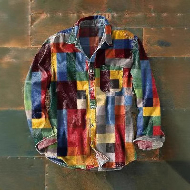 Dropshipping Amazon: Men's Trendy Long-Sleeve Button-Up Shirt with Twill Fabric and Color-Blocked Print