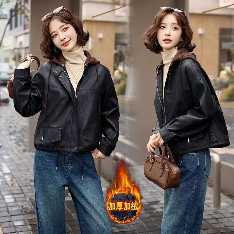 小个子短款皮衣外套女连帽2025秋冬pu皮夹克加绒加厚短款皮衣女|undefined