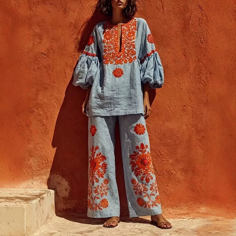 2026 European and American cross-border Amazon spring and autumn women's fashion hot-selling printed puff-sleeve loose top and wide-leg pants two-piece set 2026 European and American cross-border Amazon spring and autumn women's fashion hot-selling printed puff-sleeve loose top and wide-leg pants two-piece set