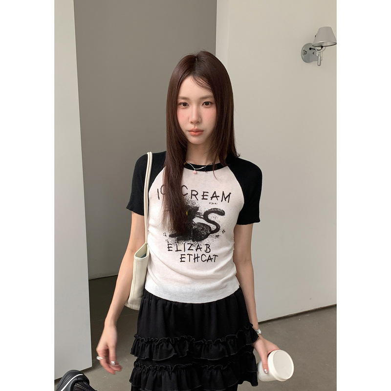 [No Returns or Exchanges] Contrast Color Printed Cartoon Slim-Fit Short Letter T-Shirt for Women, Short-Sleeved Top Ye0104
