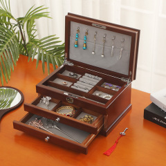 跨境復古實木首飾盒帶鎖收納盒項鍊耳環戒指整理木製收納飾品盒