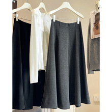 2025秋冬加绒加厚黑色毛呢半身裙垂感高腰显瘦中长款A字伞裙女潮