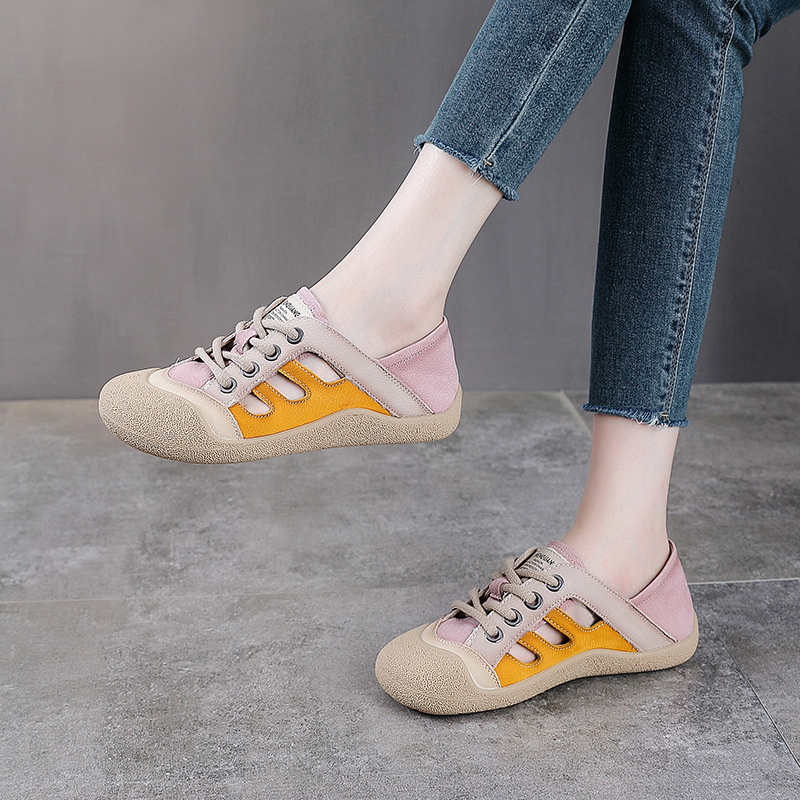 Giày sneaker nữ da bò retro đế bằng phong cách thể thao — màu hồng