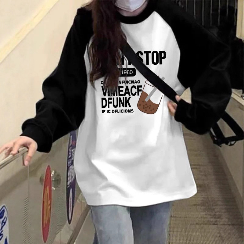 학생 순면 긴팔 티셔츠 여성용 봄, 가을 래글런 슬리브 중학생 및 고등학생을 위한 루즈하고 다재다능한 바닥 탑