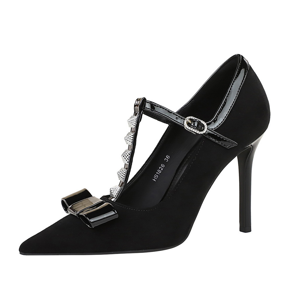 1826-H83 European And American Style Banquet Bowknot Studded Pointed High-heeled Shoes, Suede T-strap Sexy Women's Shoes_voghion.com
