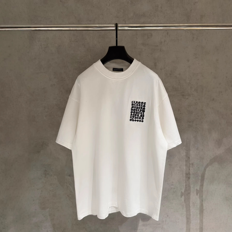 New Ch Croton Short-Sleeve T-Shirt with Front and Back Embroidery, Frayed Edges, Distressed Wash, Round Neck, High Street Fashion Brand