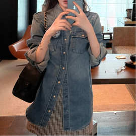 欧货复古软牛仔水洗蓝牛仔衬衫外套女秋冬宽松叠穿口袋衬衣