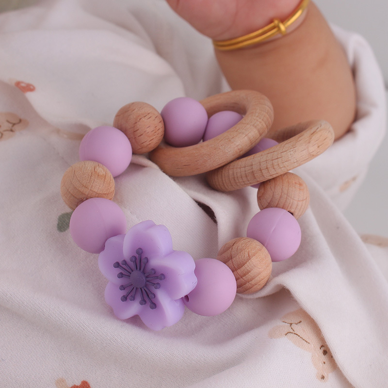 Temu Shein pulsera de mordedor de madera de haya para recién nacidos transfronterizos de grado alimenticio de silicona ecológica flor molar juguete