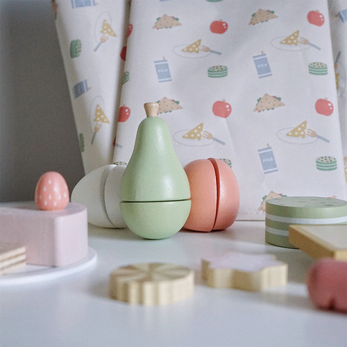 Early education wooden play house kitchen toys breakfast cake fruits and vegetables cut and watch simulation outdoor picnic bag set