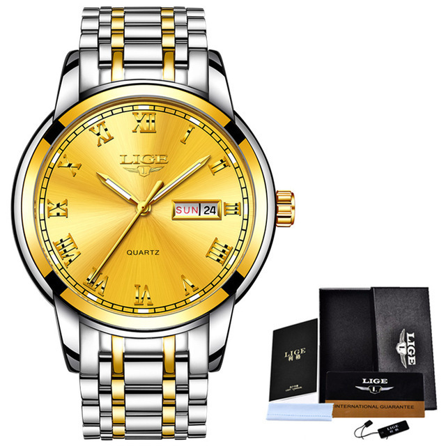 LIGE 9846-Semana banda de acero disco reloj de negocios elegante personalidad calendario hombres reloj casual transfronterizo