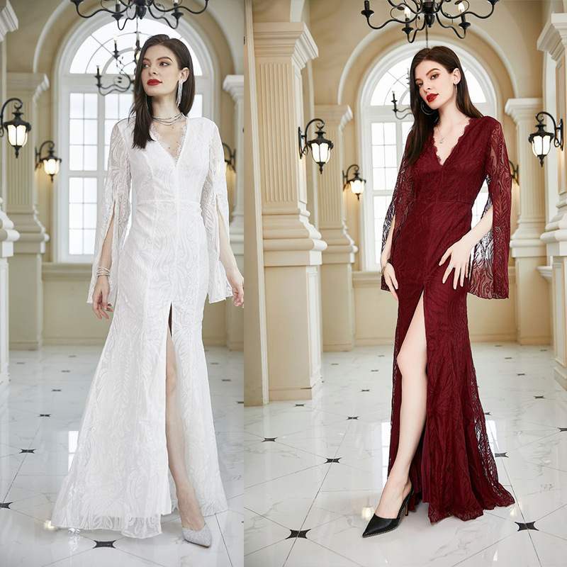 Cross-border Women's New Lace Dress Amazon Wedding Bridesmaid Long-sleeved V-neck Slim-fit Burgundy Dress Cross-border Women's New Lace Dress Amazon Wedding Bridesmaid Long-sleeved V-neck Slim-fit Burgundy Dress