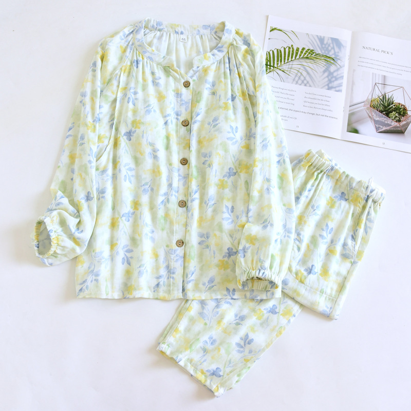 Bamboo Fiber Postpartum Clothing Set, Spring and Autumn Thin Breathable Cotton Gauze Long-Sleeve Nursing Loungewear