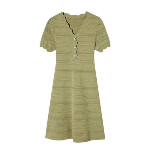 Elegant Sheath Hollowed-Out Ice Silk Dress for 2025 Summer: Wavy V-Neck, Slimming, and Body-Sculpting Knitted Skirt for Women