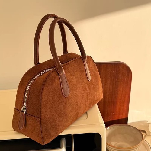 Brown Calfskin Boston Bag for Women 2024 Autumn/Winter Korean Bowling Bag with a Touch of Luxury Cushion Bag Shoulder Bag