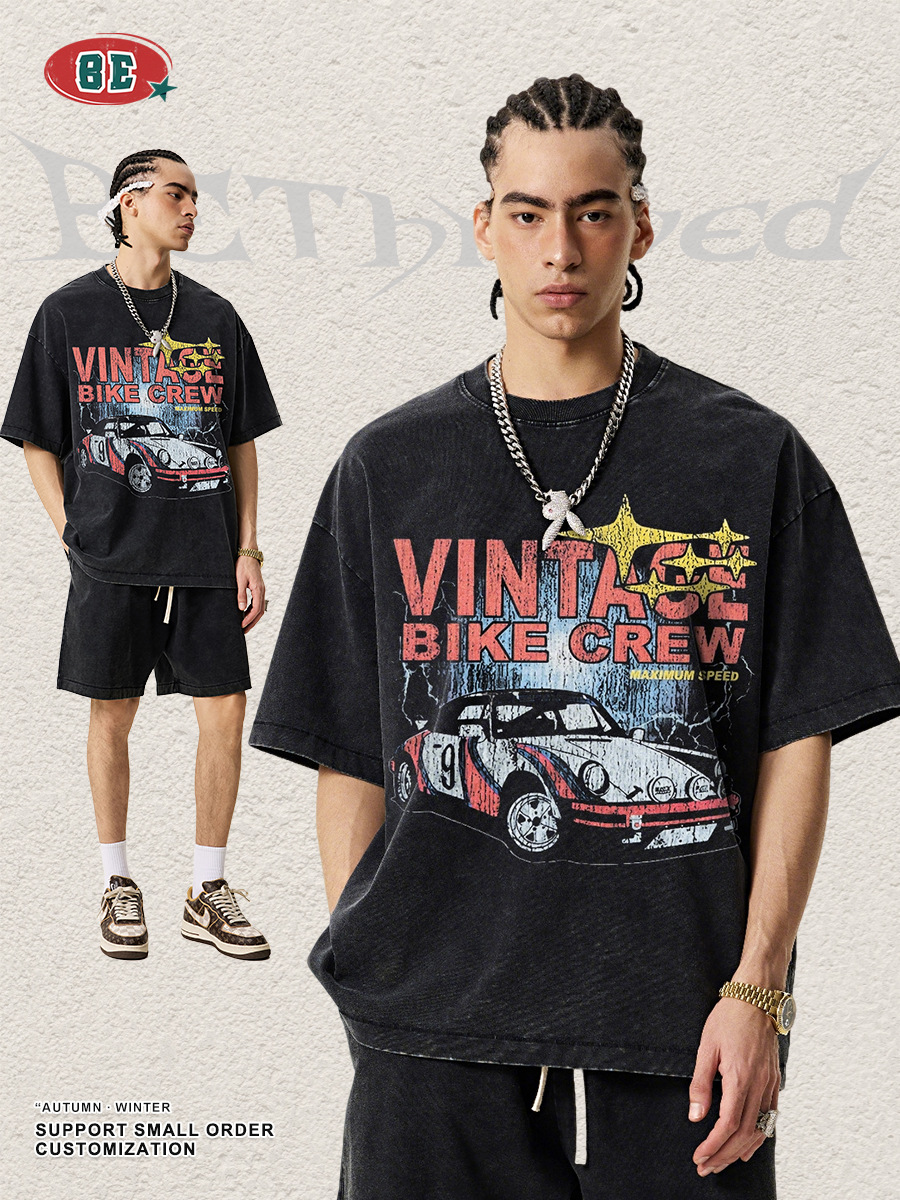 Be Hombres| Marca de moda americana de alta calle suelta impresión de carreras camiseta de nieve frita hacer agua vieja lavada hombro manga corta