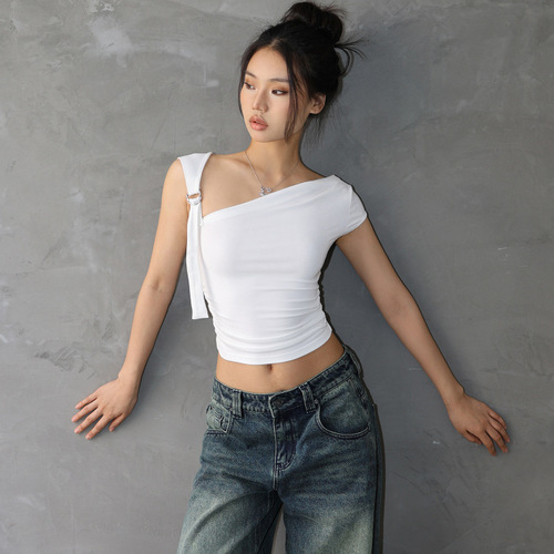 Designer Sexy Off-the-Shoulder Short-Sleeve T-Shirt for Women, Slim Fit, Figure-Skimming, Short-Sleeve Top, Women's Fashion T, Wholesale