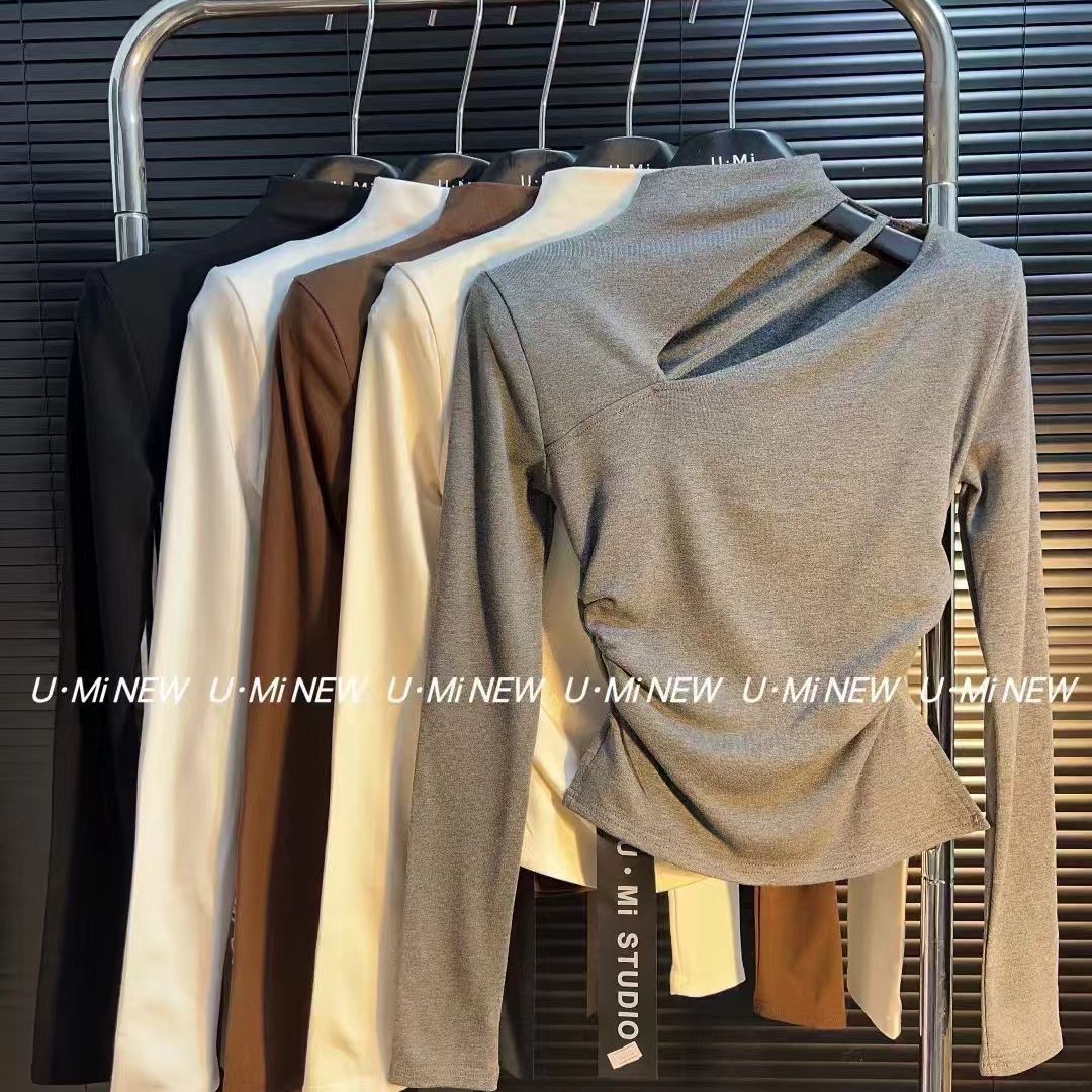 2025 Winter Discreet Fashion Half Turtleneck Pullover T-Shirt Versatile Fleece-Lined Fashionable Irregular Top