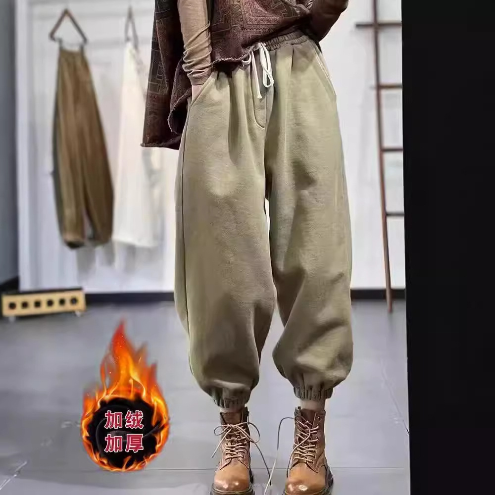 秋冬新款松紧腰纯色简约百搭宽松休闲显瘦棉加厚加绒哈伦裤女
