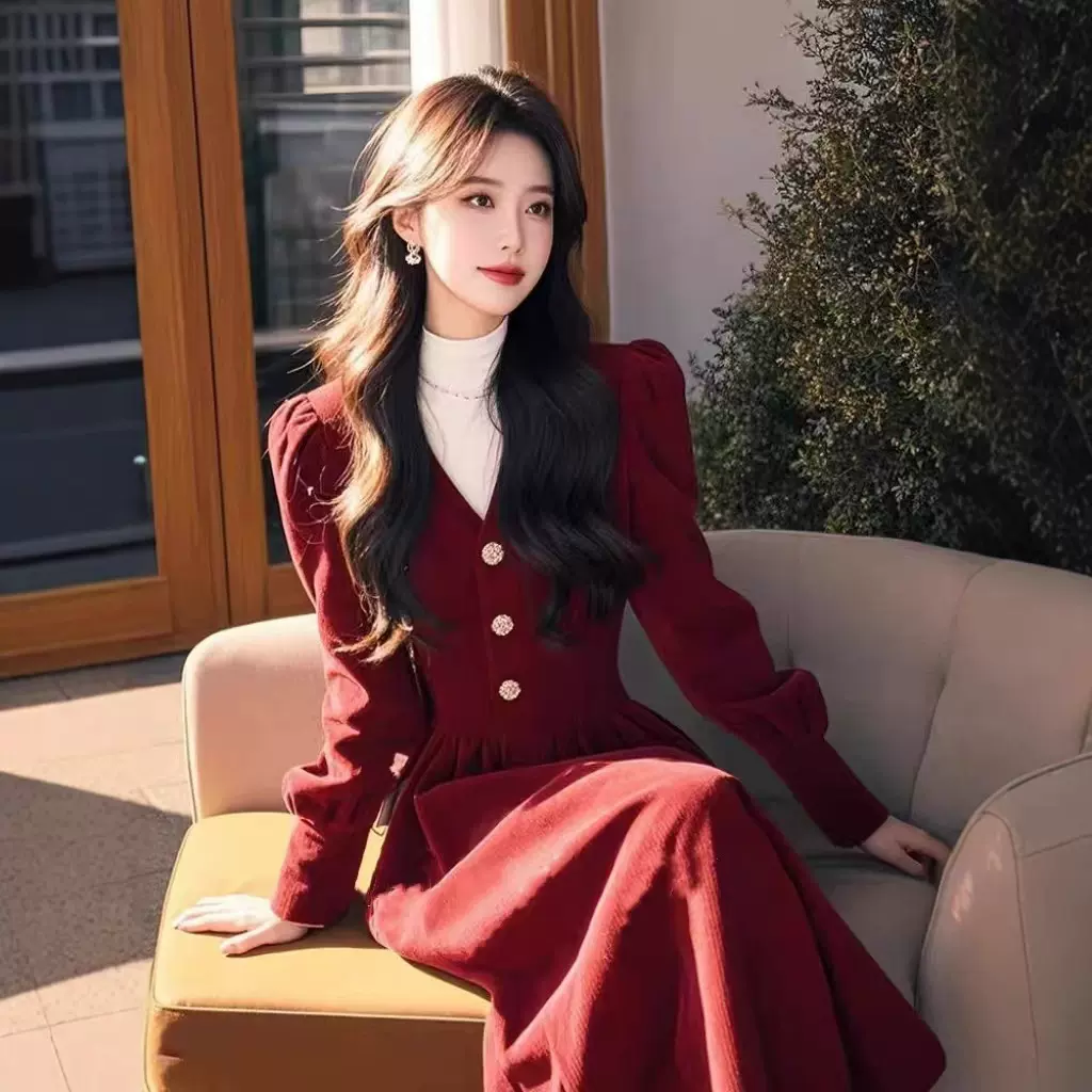 红色V领灯芯绒连衣裙2025新款女秋冬高级感法式富家千金过年战袍