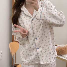 韩国ins女士新品韩系冬季加厚夹层棉田园小碎花家居服睡衣套装女