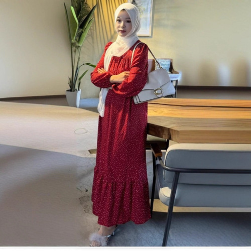 New Style Fashion Round Neck Bubble Sleeve Irregular Small Polka Dot Belted Pouch Hem Pleated Edge Dress