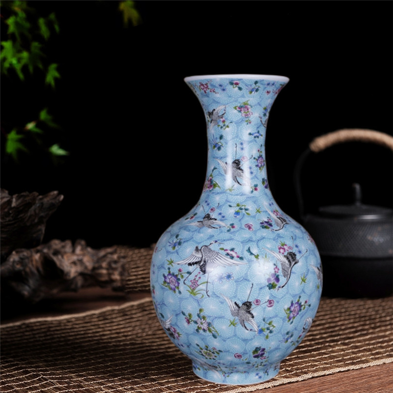 景德镇陶瓷花瓶仿古粉彩家居客厅插花摆件发光蓝地黄底飞鹤图纹
