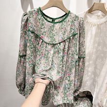 新款韩国宽松显瘦圆领拼接碎花套头长袖雪纺衫女春款娃娃上衣