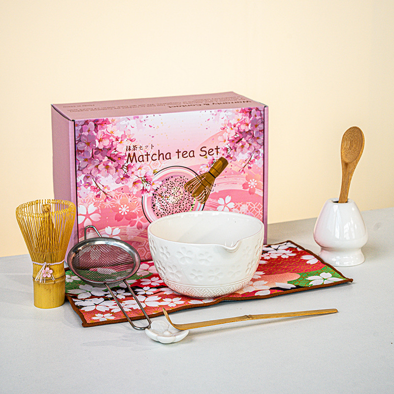 日本製抹茶茶器セット 桜ボウル 注ぎ口付き 8点セット フルセット カラーボックス ピンク付き|undefined