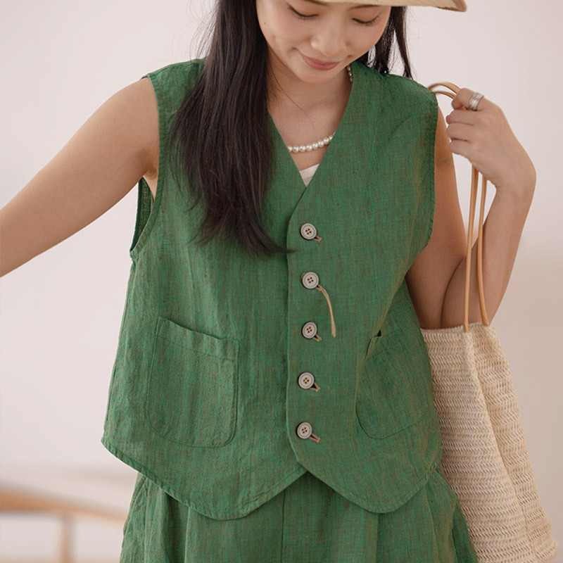 Summer New Yarn-dyed Linen Three-Color Vest, Breathable, Slimming V-neck, Elegant, Loose, Casual, Sleeveless Cardigan 2313