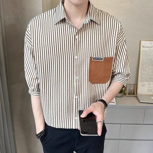 Pocket Summer Vertical Stripe Half-Sleeve Shirt for Men | Youth-Fit, Thin Mid-Sleeve Blouse
