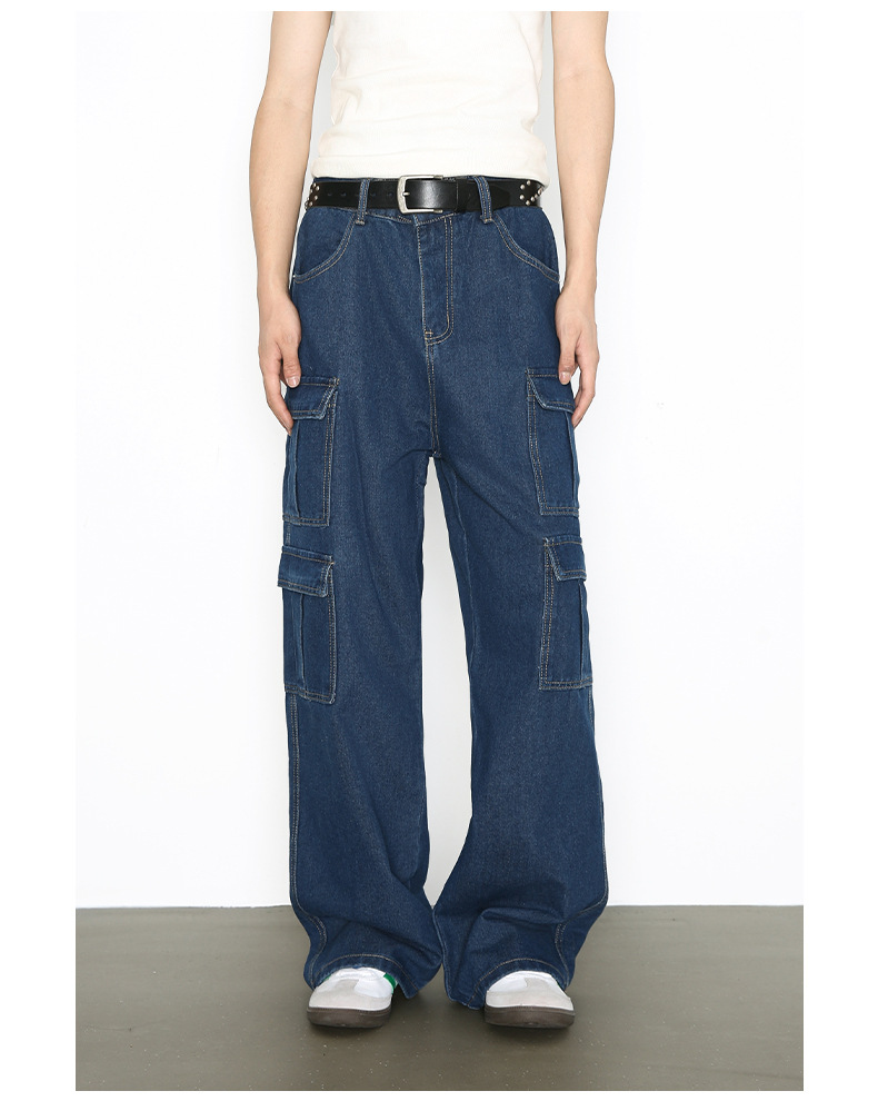 Vintage Washed Denim Cargo Pants - Relaxed Fit Multi-Pocket Workwear Jeans For Men_mkmklike.com