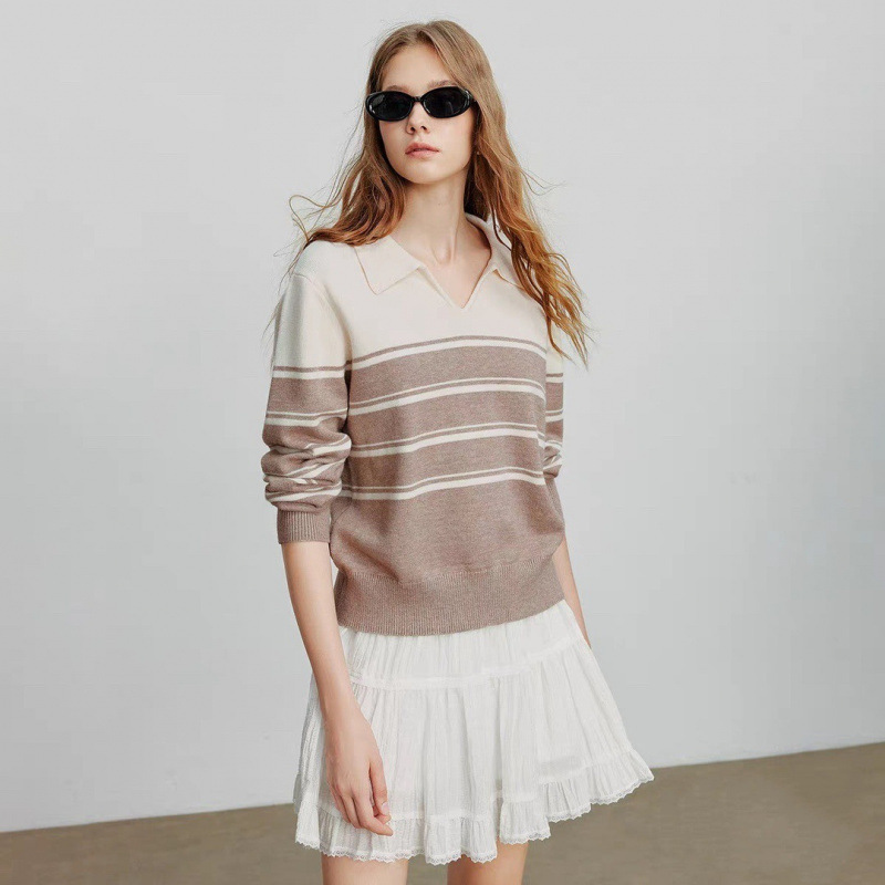 Striped Polo Collar Sweater for Women, Autumn and Winter Loose Lazy Ins Hong Kong Style Japanese Retro Niche Design Knitwear