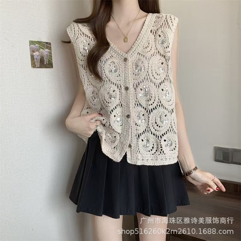 Top femenino primavera, chaleco con lentejuelas y cadenas huecas, cuello en V, estilo dulce y picante, diseño suelto