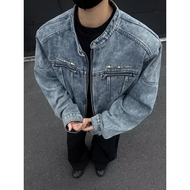 American Retro Washed Padded Shoulder Short Spliced Denim Jacket Vintage Trendy High-End Design Collarless Men's Jacket