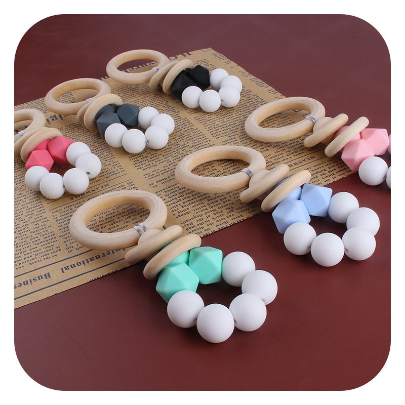 Nuevo bebé suministros DIY creativo anillo de madera teether bebé calmante silicona juguete dientes de molienda palo teether