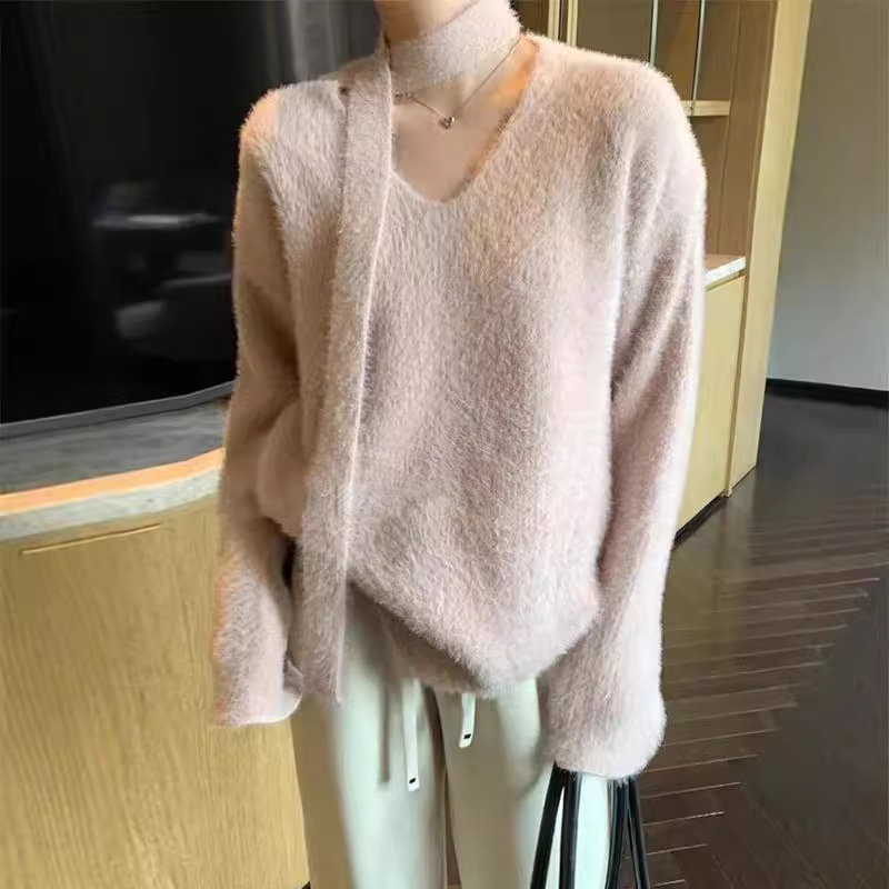 Sciarpa con scollo a V in stile coreano con pullover in pelliccia di visone, morbida maglia appiccicosa per l'autunno e l'inverno delle donne_voghion.com