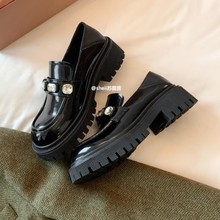 牛皮版~韩版英伦风真皮水钻厚底一脚蹬懒人乐福鞋女小皮鞋通勤OL