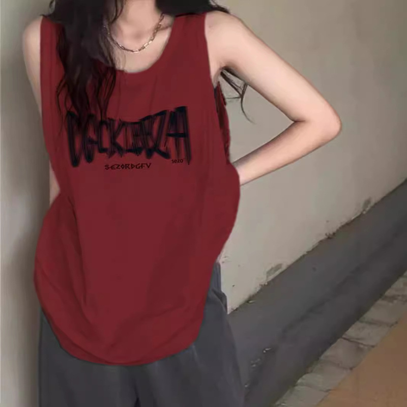 wine red Pure Cotton Sleeveless Vest Women's Outer Wear Summer American Style Chic Retro Lazy Loose Waistcoat T-shirt Top