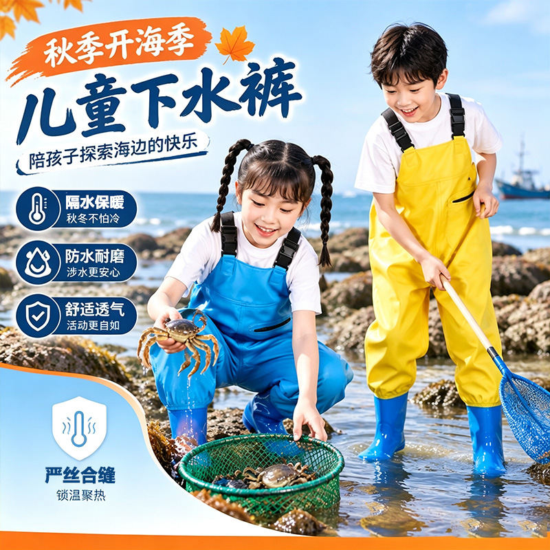 Children's wading pants, beach gear, durable and wear-resistant, all-in-one rain boots and rain pants, round-toe design to prevent colds, suitable for wading in water