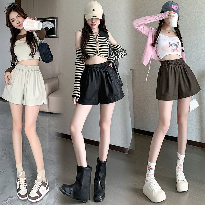 2023 autumn and winter plus size chubby girl wide-leg pants women's high waist outer wear slimming PU leather shorts A- line casual bottoming boot pants