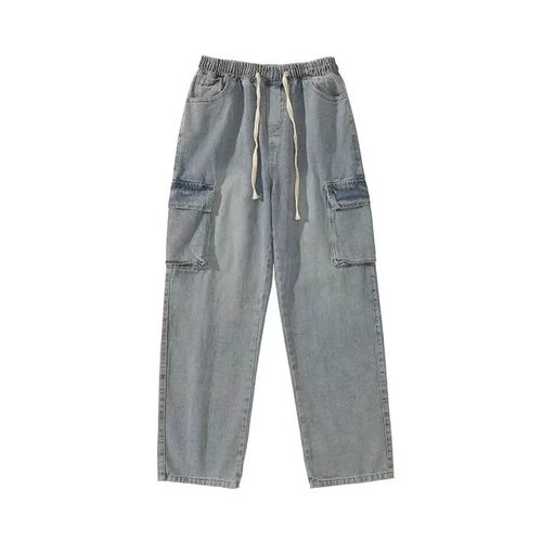 Trendy Japanese-style built-in belt cargo pants blue jeans men's loose-fitting versatile wide-leg straight-leg casual pants