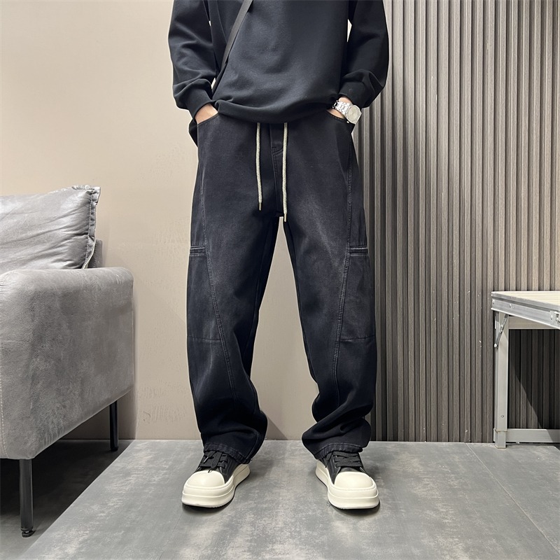 Men's Smoky Gray Washed Retro Straight Leg Jeans Style High Street Loose Fit Trendy Slimming Casual Slightly Flared Trousers_mkmklike.com