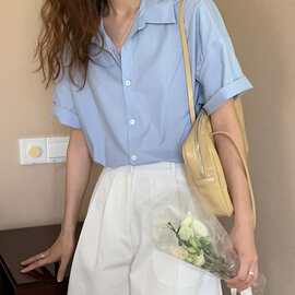 夏季短袖浅蓝色衬衫女设计感小众衬衣薄款日系复古上衣宽松衬衣