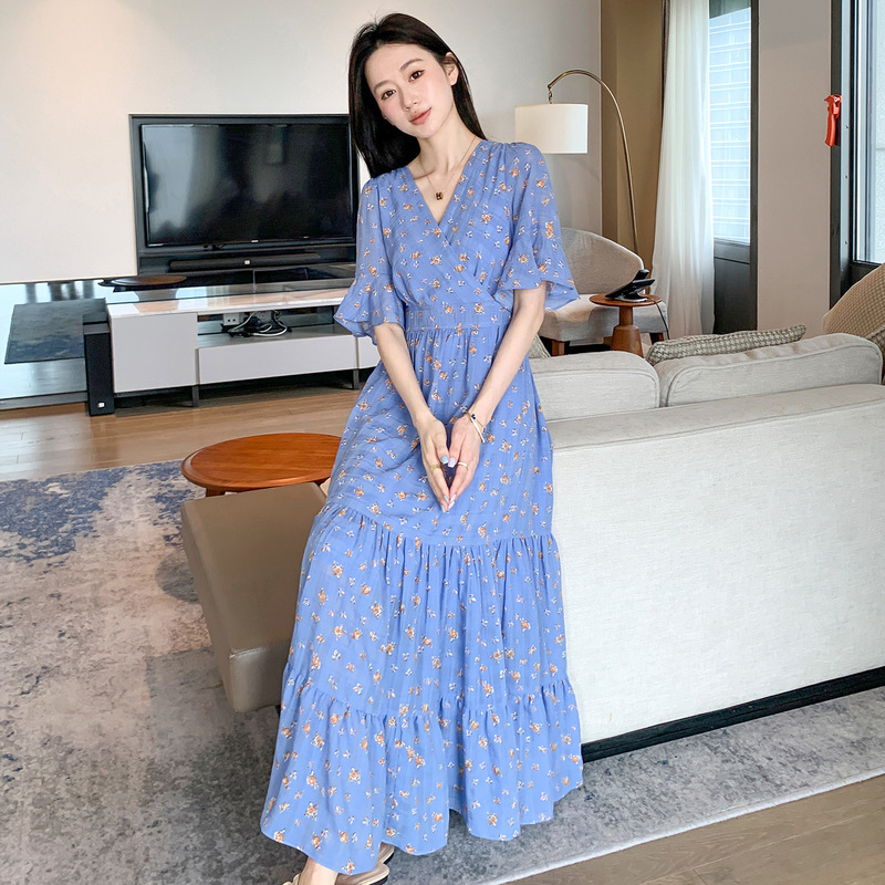 Plus Size Women's Dress, New Summer Style, Blue Chiffon Floral Dress, Short-Sleeved Long Dress, Beautiful Tea Break Long Dress
