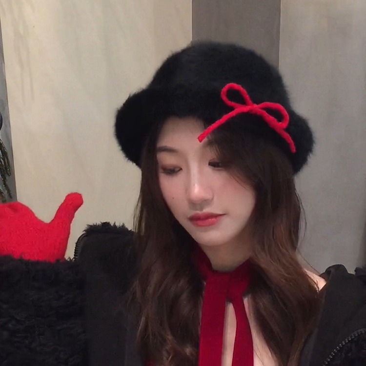 Sweet Plush Pot Autumn/Winter Bow Flip over Eaves Warm Fisherman's Versatile Ins Gold Top Hat Shows Small Face_viptrois.com