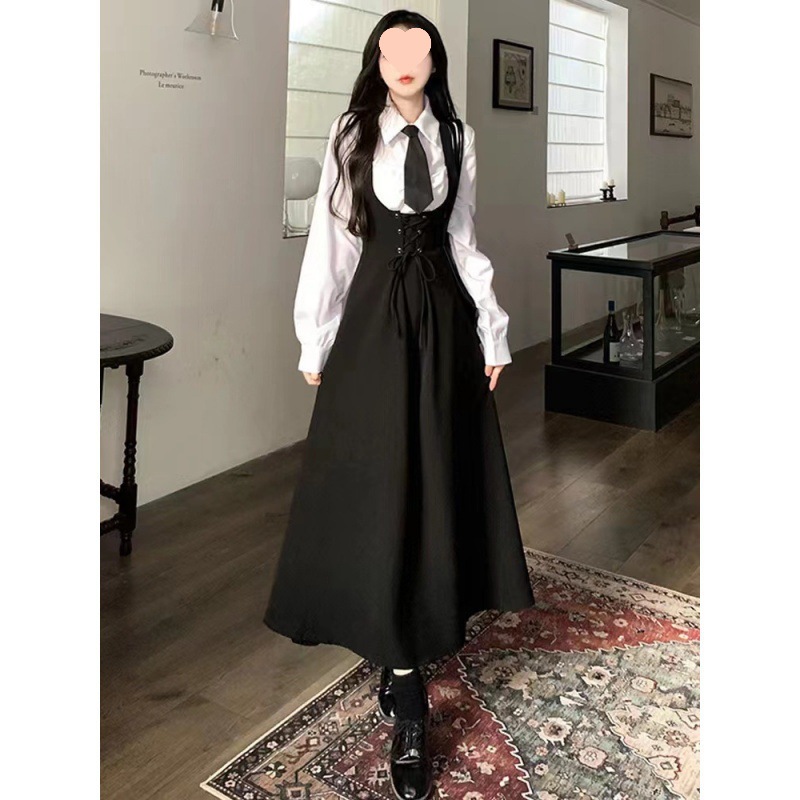 College Style Sweet Uniform Suspender Dress Female Student Korean Style Waist Slimming Suspender Long Skirt Two-Piece Suit